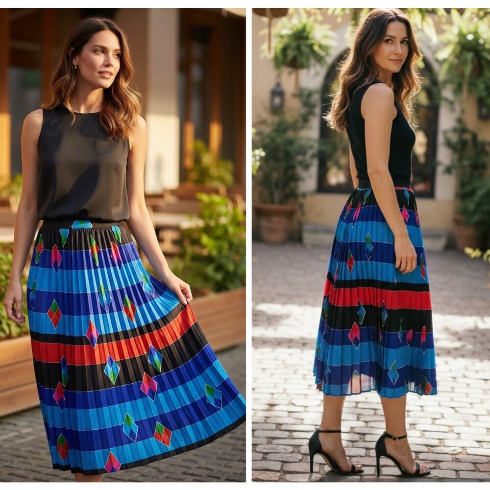 VTG 80s Raul Blanco Women Size M/L 100% Silk Pleated Midi Skirt Geometric Print